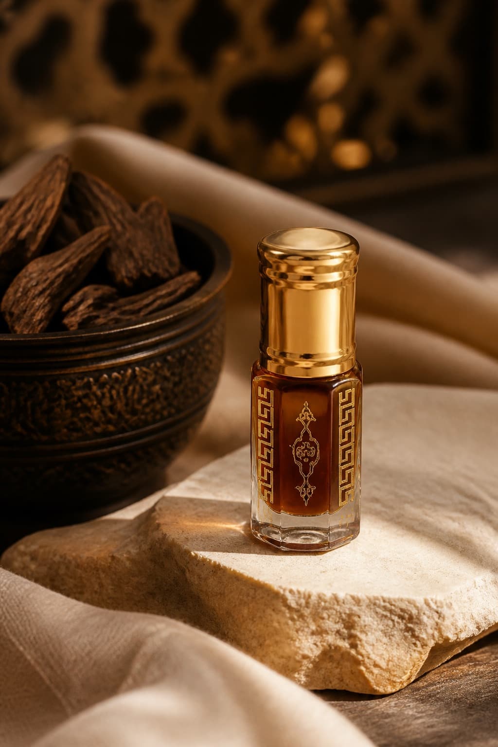 The Oud Portal oud oil presented with agarwood and natural stone
