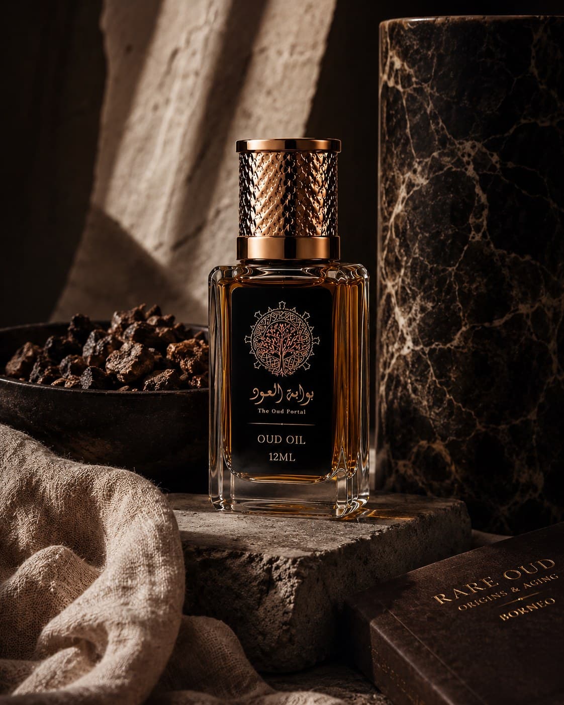 The Oud Portal oud oil presented with agarwood and natural stone