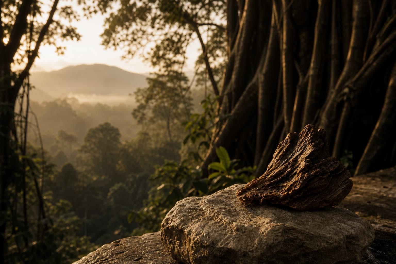Agarwood resting on stone in a forest at dawn